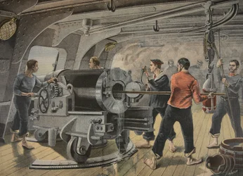 Manoeuvering of a Cannon by the Spanish Marines in front of Santiago, Cuba, illustration from 